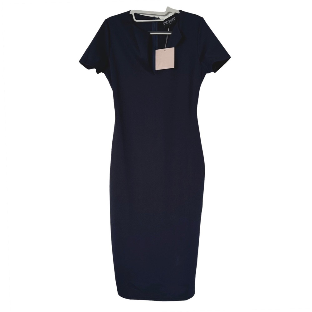Kittenish Womens Navy Blue Short Sleeve V-Neck Sheath Midi Dress S Career NWT